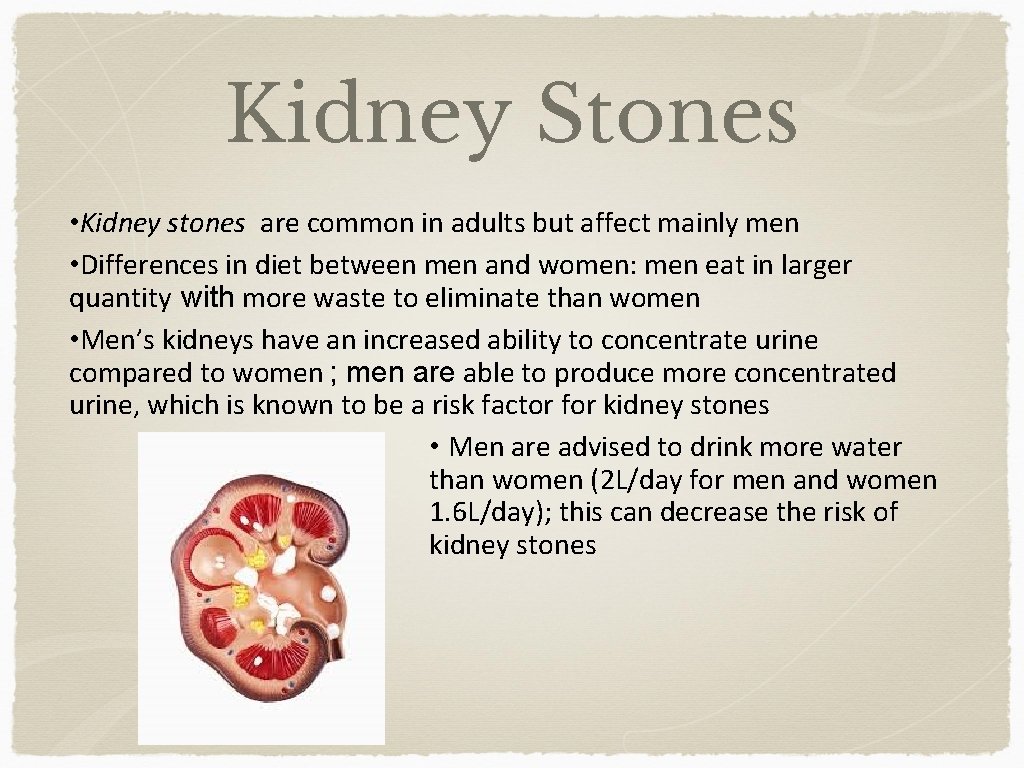 Kidney Stones • Kidney stones are common in adults but affect mainly men •
