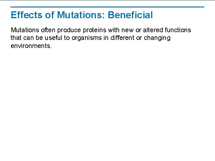 Effects of Mutations: Beneficial Mutations often produce proteins with new or altered functions that