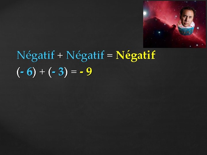 Négatif + Négatif = Négatif (- 6) + ( - 3) = - 9