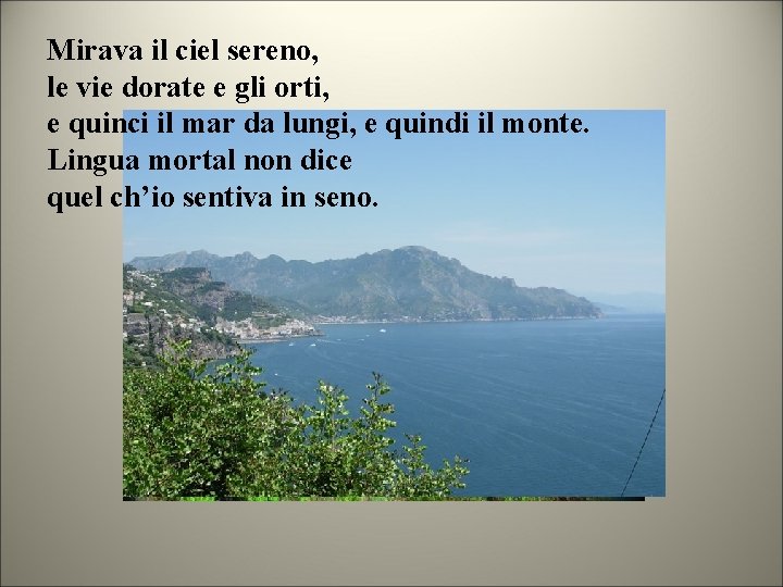 Mirava il ciel sereno, le vie dorate e gli orti, e quinci il mar