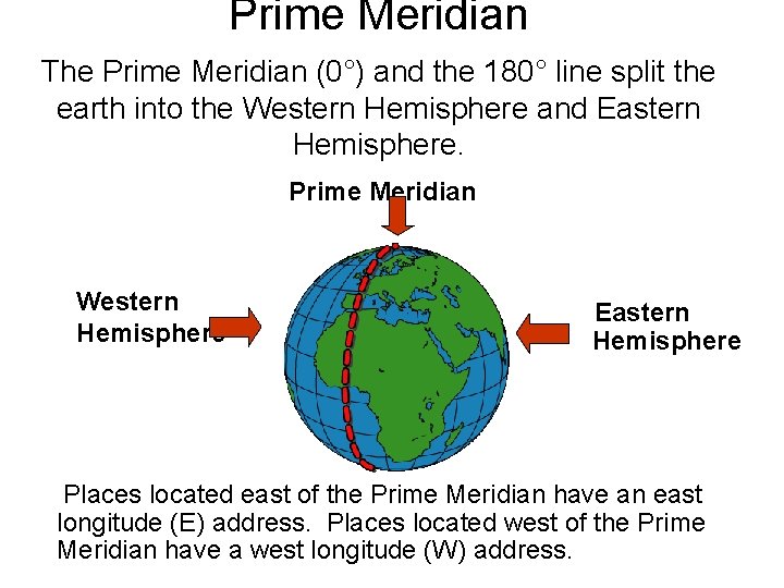 Prime Meridian The Prime Meridian (0°) and the 180° line split the earth into