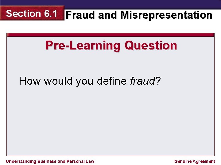 Section 6. 1 Fraud and Misrepresentation Pre-Learning Question How would you define fraud? Understanding
