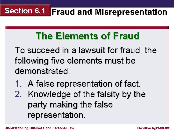 Section 6. 1 Fraud and Misrepresentation The Elements of Fraud To succeed in a