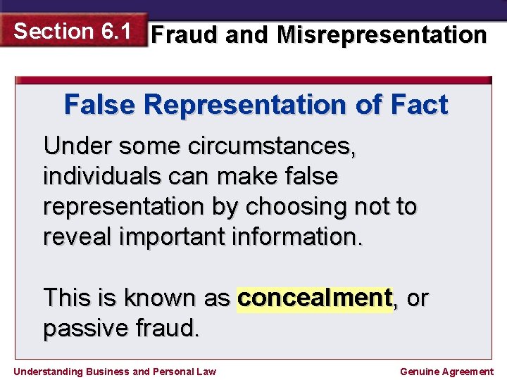 Section 6. 1 Fraud and Misrepresentation False Representation of Fact Under some circumstances, individuals