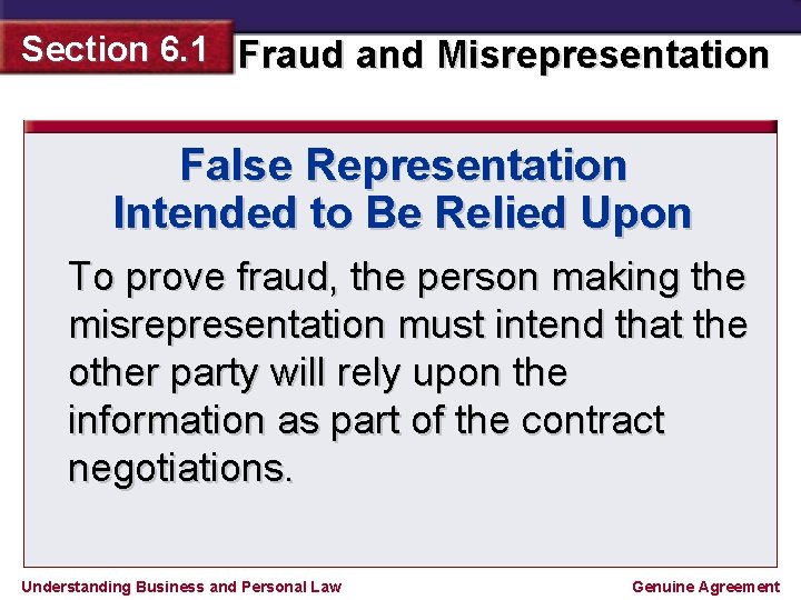 Section 6. 1 Fraud and Misrepresentation False Representation Intended to Be Relied Upon To