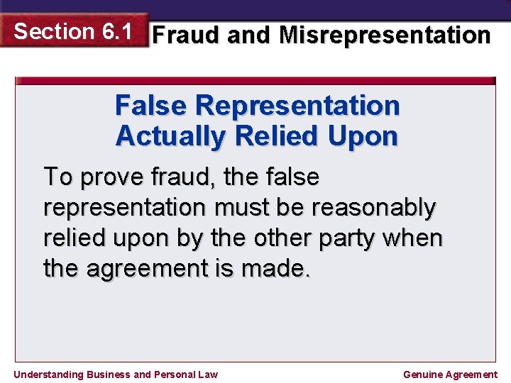 Section 6. 1 Fraud and Misrepresentation False Representation Actually Relied Upon To prove fraud,