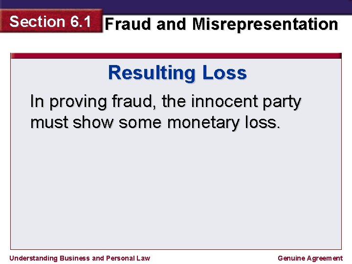 Section 6. 1 Fraud and Misrepresentation Resulting Loss In proving fraud, the innocent party