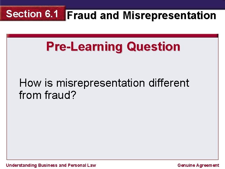 Section 6. 1 Fraud and Misrepresentation Pre-Learning Question How is misrepresentation different from fraud?