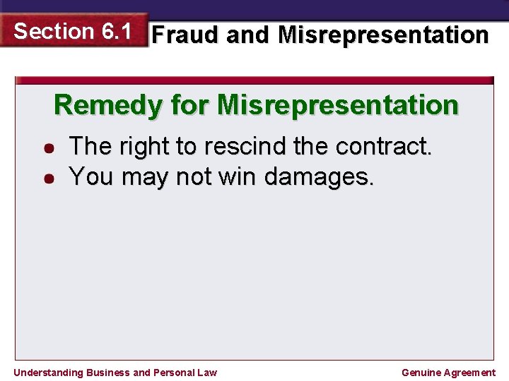 Section 6. 1 Fraud and Misrepresentation Remedy for Misrepresentation The right to rescind the