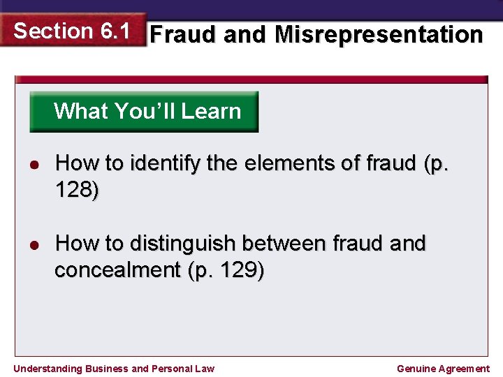 Section 6. 1 Fraud and Misrepresentation What You’ll Learn How to identify the elements
