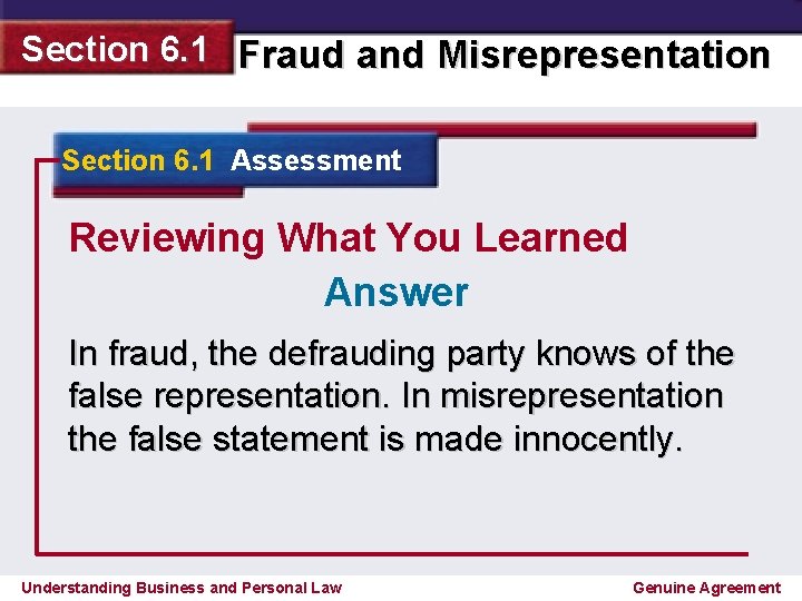 Section 6. 1 Fraud and Misrepresentation Section 6. 1 Assessment Reviewing What You Learned