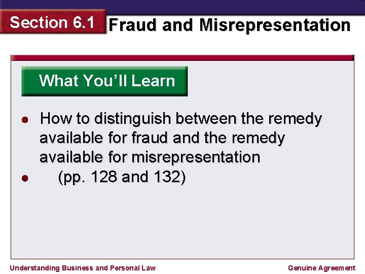 Section 6. 1 Fraud and Misrepresentation What You’ll Learn How to distinguish between the