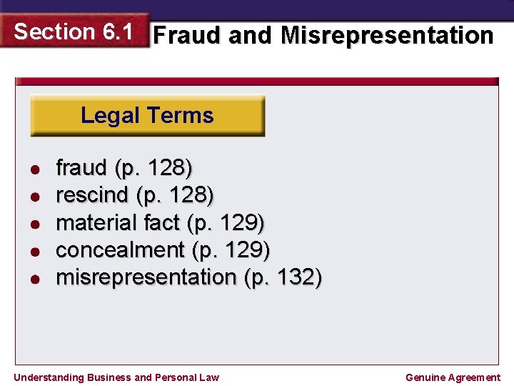 Section 6. 1 Fraud and Misrepresentation Legal Terms fraud (p. 128) rescind (p. 128)