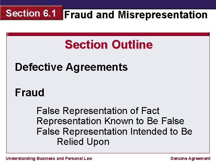 Section 6. 1 Fraud and Misrepresentation Section Outline Defective Agreements Fraud False Representation of