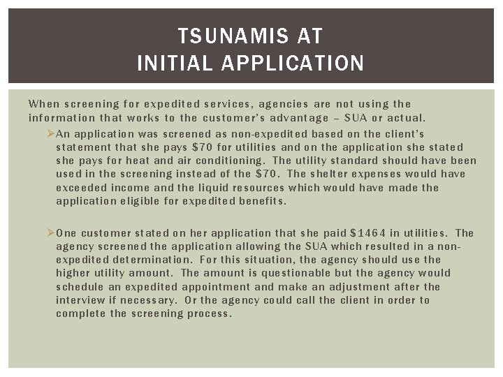 TSUNAMIS AT INITIAL APPLICATION When screening for expedited services, agencies are not using the