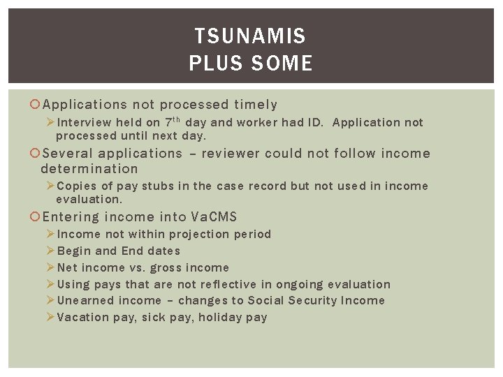 TSUNAMIS PLUS SOME Applications not processed timely Ø Interview held on 7 th day