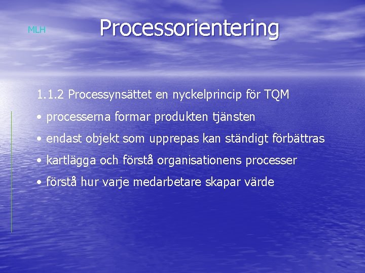 MLH Processorientering 1. 1. 2 Processynsättet en nyckelprincip för TQM • processerna formar produkten