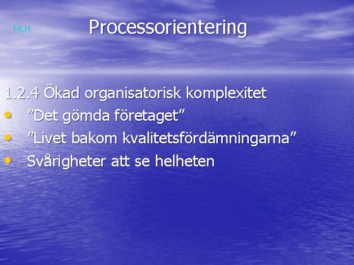 MLH Processorientering 1. 2. 4 Ökad organisatorisk komplexitet • ”Det gömda företaget” • ”Livet