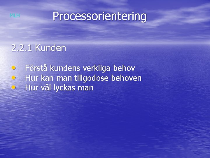 MLH Processorientering 2. 2. 1 Kunden • • • Förstå kundens verkliga behov Hur