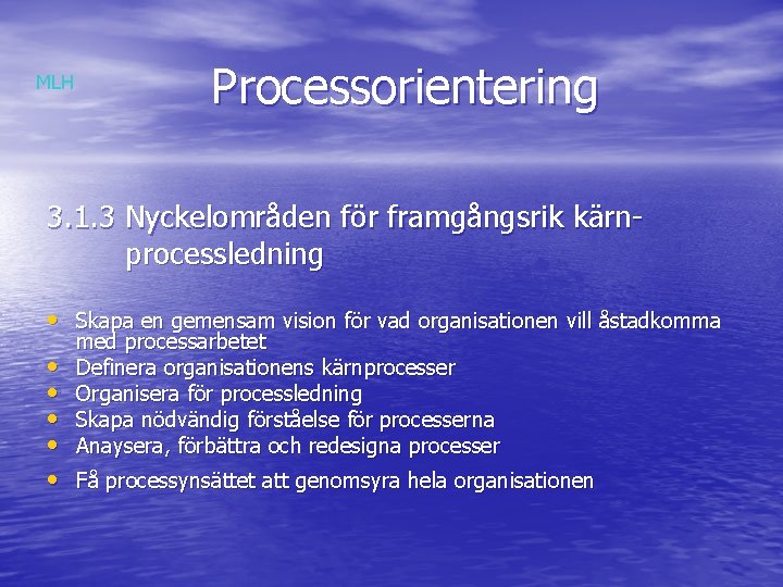 MLH Processorientering 3. 1. 3 Nyckelområden för framgångsrik kärnprocessledning • Skapa en gemensam vision