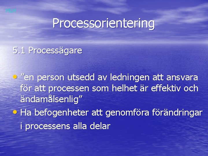 MLH Processorientering 5. 1 Processägare • ”en person utsedd av ledningen att ansvara för
