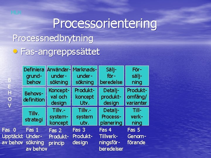 MLH Processorientering Processnedbrytning • Fas-angreppssättet B E H O V Definiera Användar- Marknads. Säljgrundunderförbehov