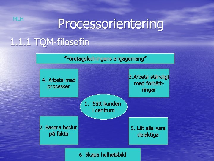 MLH Processorientering 1. 1. 1 TQM-filosofin ”Företagsledningens engagemang” 3. Arbeta ständigt med förbättringar 4.