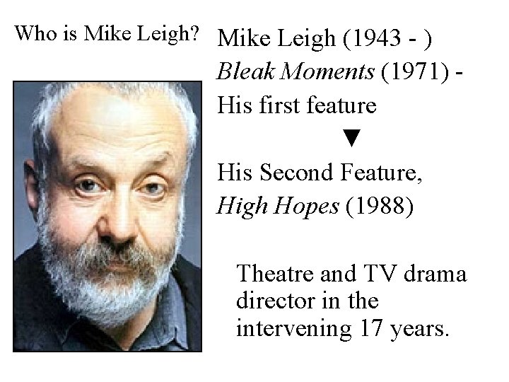 Who is Mike Leigh? Mike Leigh (1943 - ) Bleak Moments (1971) His first