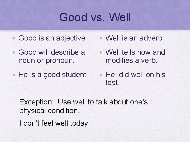 Good vs. Well • Good is an adjective • Well is an adverb •