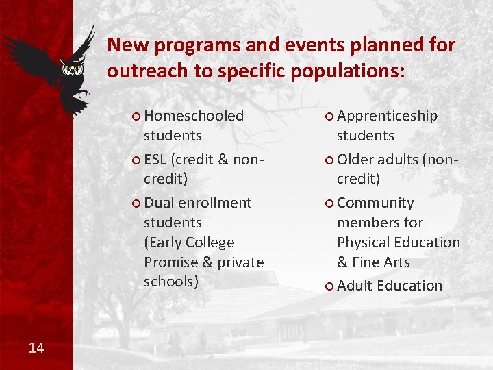 New programs and events planned for outreach to specific populations: ¡ Homeschooled students ¡