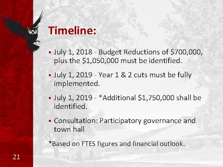 Timeline: § July 1, 2018 - Budget Reductions of $700, 000, plus the $1,