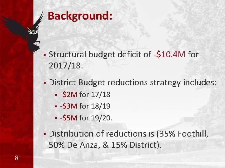 Background: § Structural budget deficit of -$10. 4 M for 2017/18. § District Budget