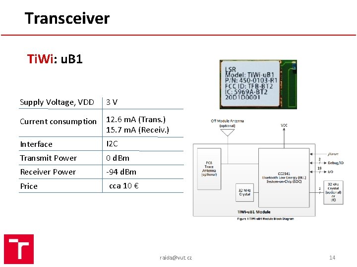 Transceiver Ti. Wi: u. B 1 Supply Voltage, VDD 3 V Current consumption 12.