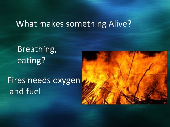 What makes something Alive? Breathing, eating? Fires needs oxygen and fuel 