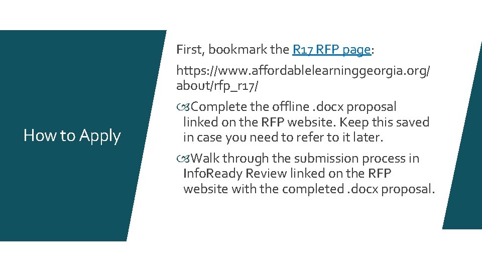 First, bookmark the R 17 RFP page: https: //www. affordablelearninggeorgia. org/ about/rfp_r 17/ How