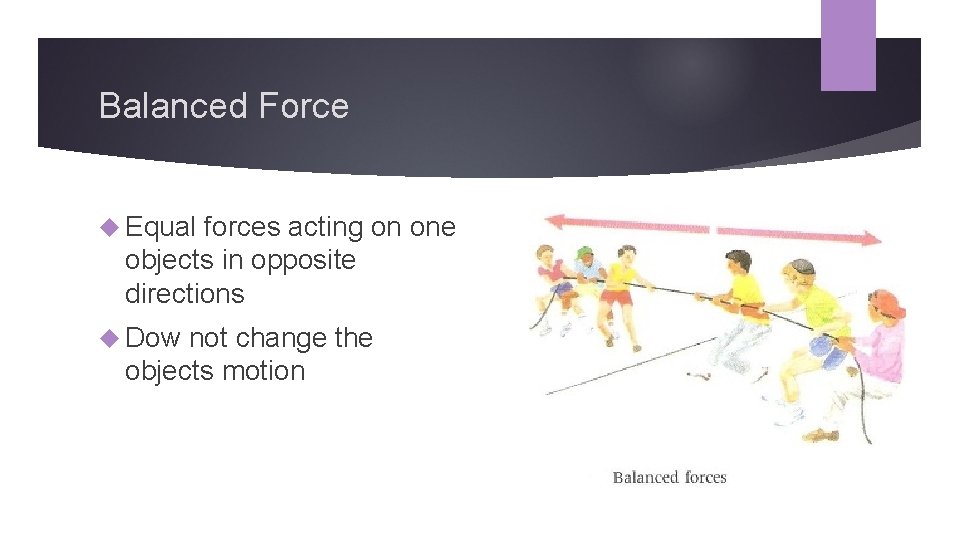 Balanced Force Equal forces acting on one objects in opposite directions Dow not change