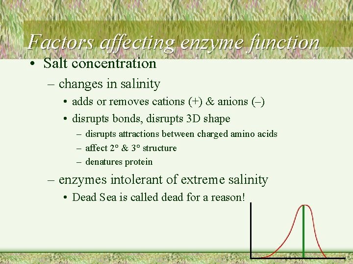 Factors affecting enzyme function • Salt concentration – changes in salinity • adds or
