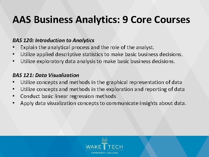 AAS Business Analytics: 9 Core Courses BAS 120: Introduction to Analytics • Explain the