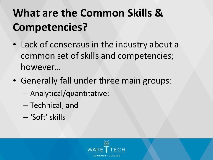 What are the Common Skills & Competencies? • Lack of consensus in the industry