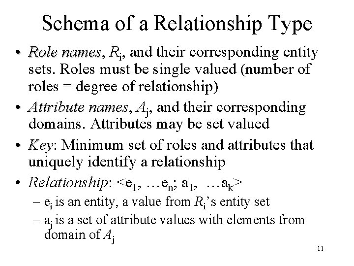 Schema of a Relationship Type • Role names, names Ri, and their corresponding entity