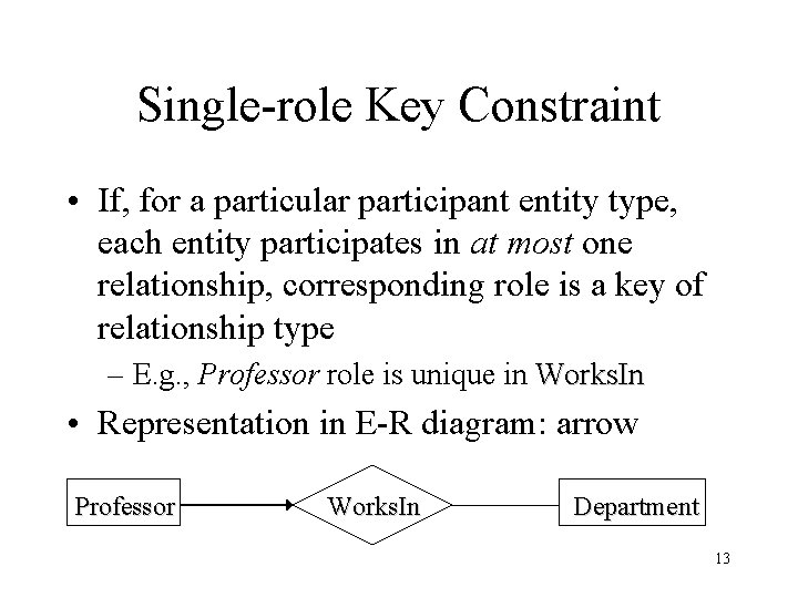 Single-role Key Constraint • If, for a particular participant entity type, each entity participates