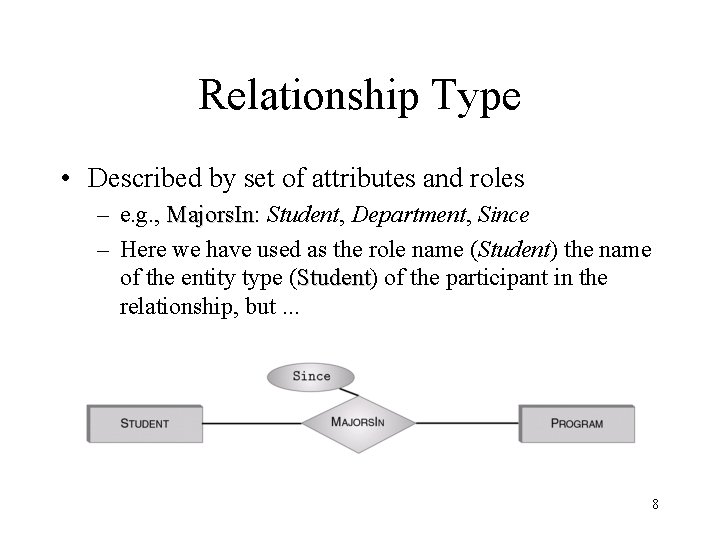 Relationship Type • Described by set of attributes and roles – e. g. ,