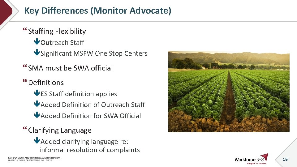 Key Differences (Monitor Advocate) Staffing Flexibility Outreach Staff Significant MSFW One Stop Centers SMA