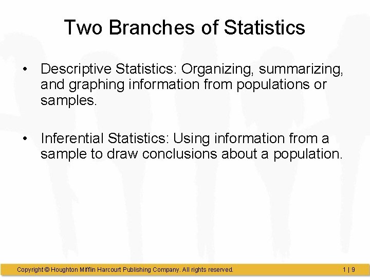 Two Branches of Statistics • Descriptive Statistics: Organizing, summarizing, and graphing information from populations Two Branches of Statistics • Descriptive Statistics: Organizing, summarizing, and graphing information from populations