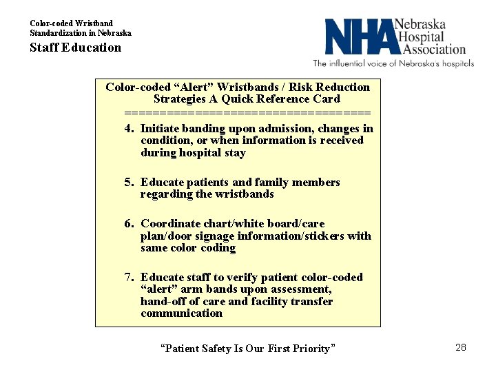 Color-coded Wristband Standardization in Nebraska Staff Education Color-coded “Alert” Wristbands / Risk Reduction Strategies