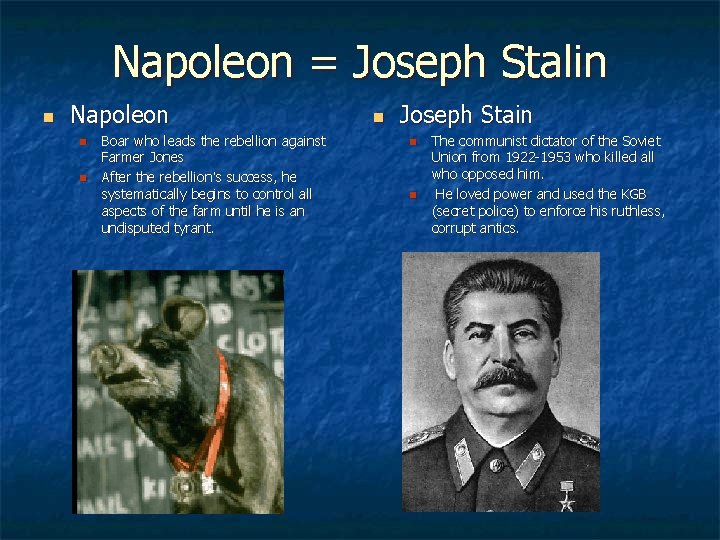 Napoleon = Joseph Stalin n Napoleon n n Boar who leads the rebellion against