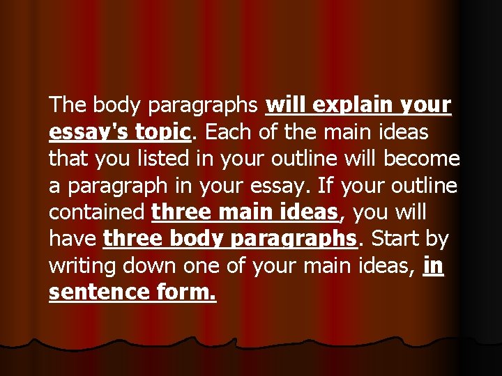 The body paragraphs will explain your essay's topic. Each of the main ideas that