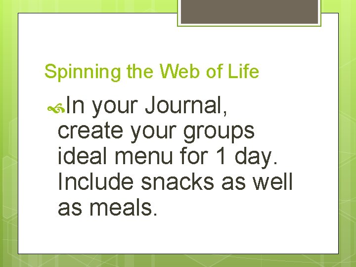 Spinning the Web of Life In your Journal, create your groups ideal menu for