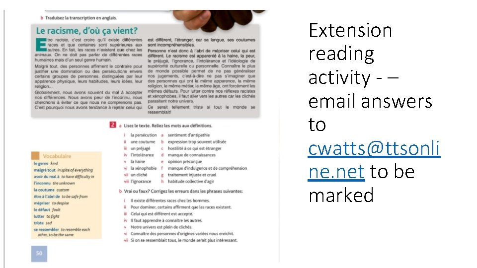 Extension reading activity - – email answers to cwatts@ttsonli ne. net to be marked