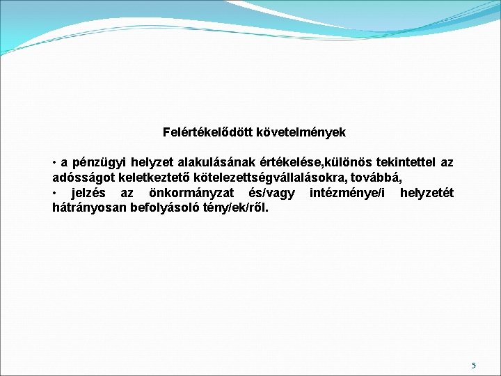 Felértékelődött követelmények • a pénzügyi helyzet alakulásának értékelése, különös tekintettel az adósságot keletkeztető kötelezettségvállalásokra,